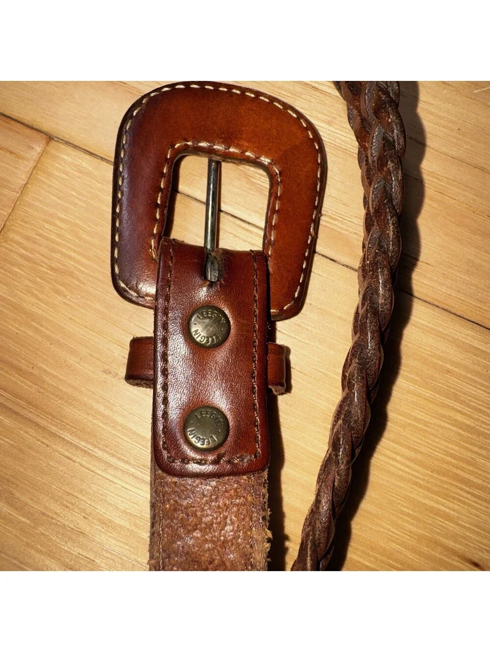 Vintage Leegin Braided Leather Belt Western Tooled Buckle Brown Size L 35”